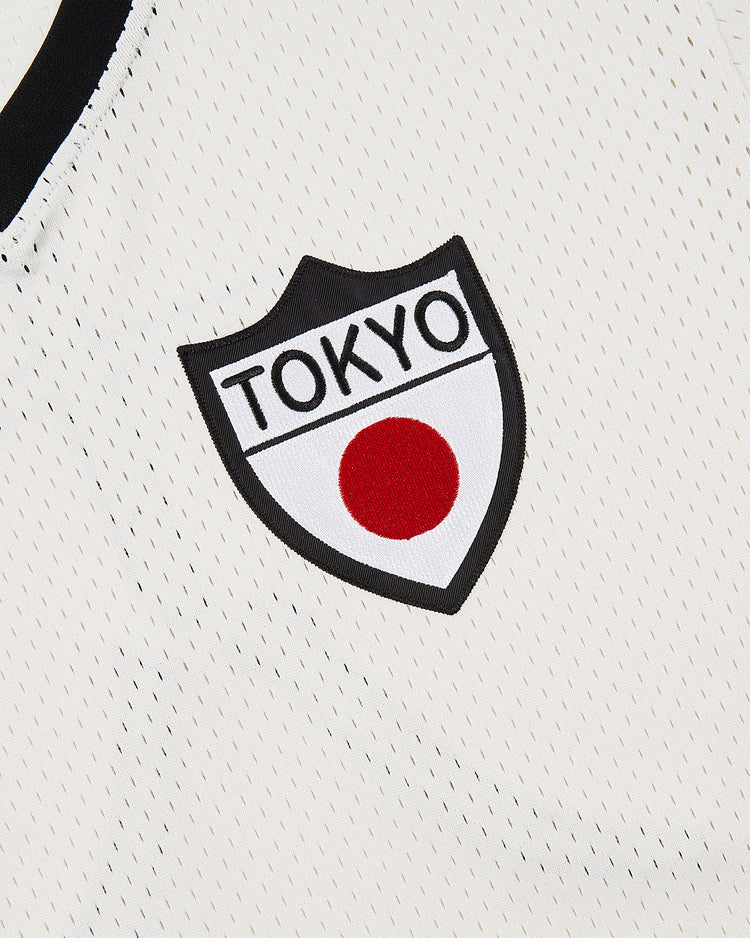 The Ebbets Field Tokyo Giants Mesh V-Neck Jersey features white mesh with a black-outlined shield emblem reading 