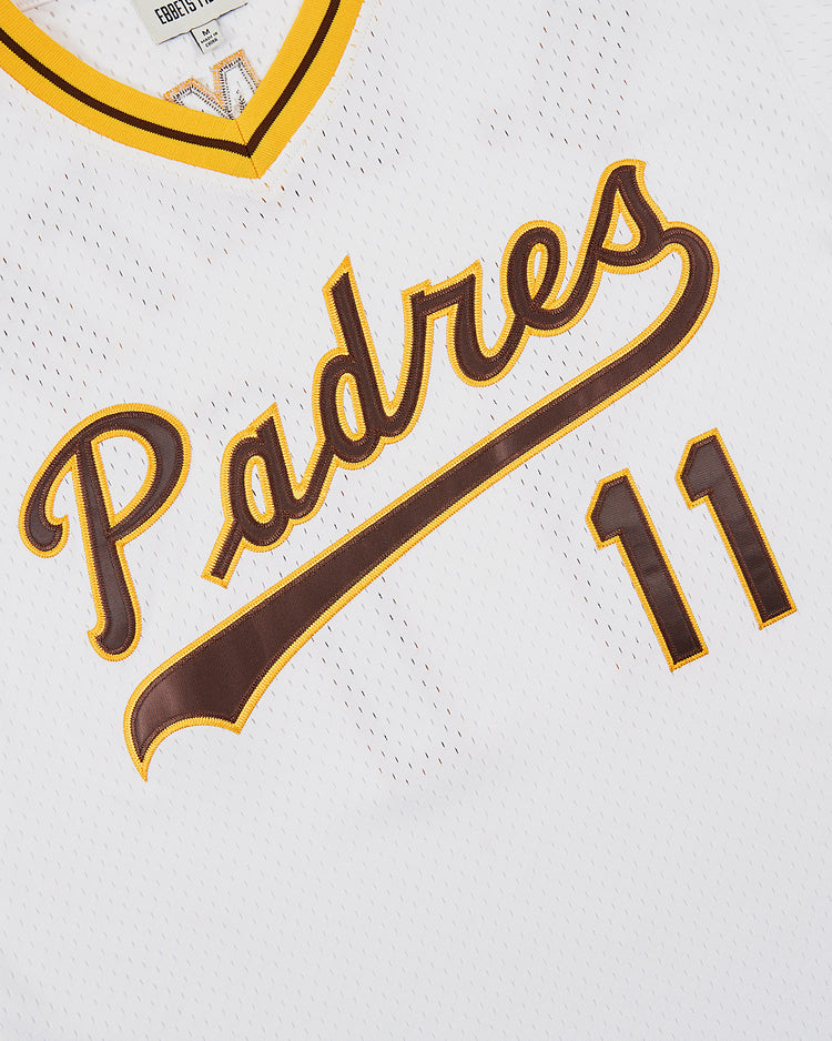 A close-up of the Ebbets Field Ozzie Smith Walla Walla Padres Mesh V-Neck Jersey in white with yellow and brown trim, featuring 