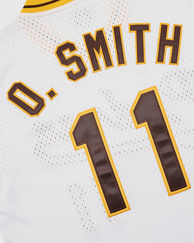 The Ebbets Field Ozzie Smith Walla Walla Padres Mesh V-Neck Jersey is a white sports jersey with gold and black trim, featuring 
