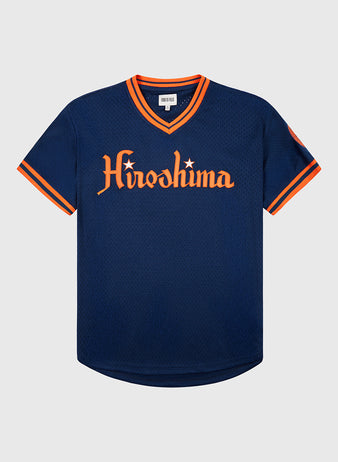 The Ebbets Field Hiroshima Carp Mesh V-Neck Jersey features navy blue mesh with orange trim and 