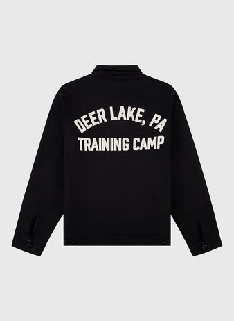 The Ebbets Field Muhammad Ali Training Camp Cotton Grounds Crew Jacket features black fabric with 