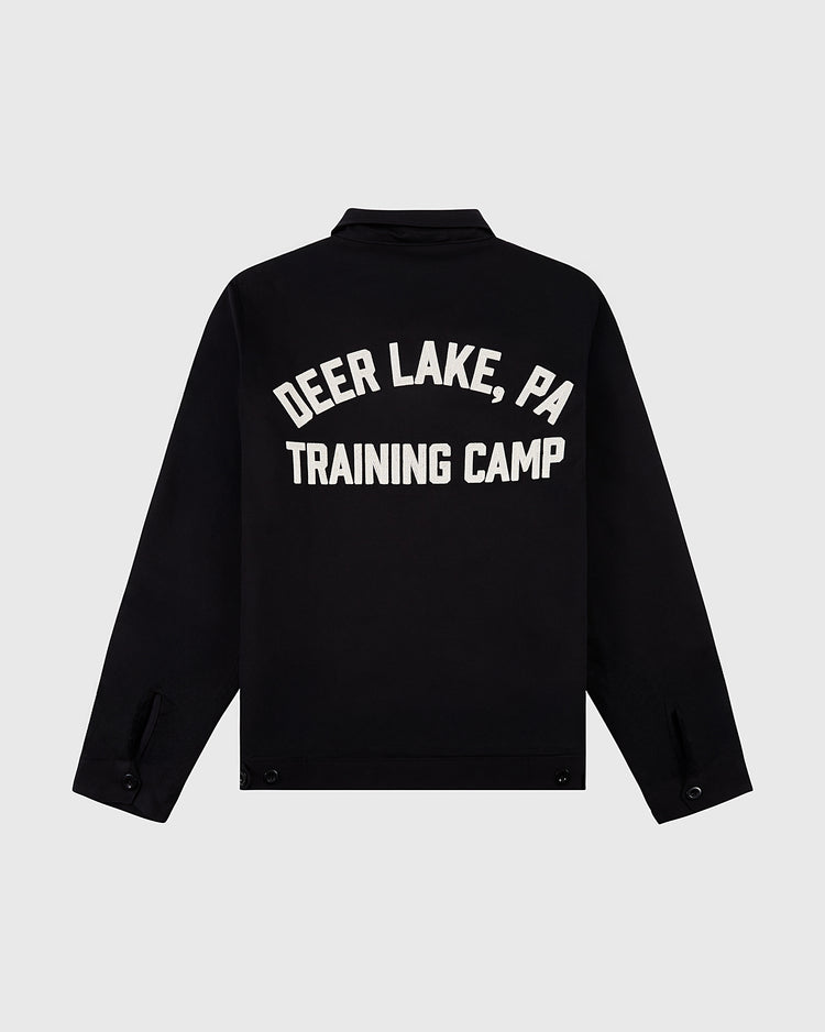 The Ebbets Field Muhammad Ali Training Camp Cotton Grounds Crew Jacket features black fabric with 