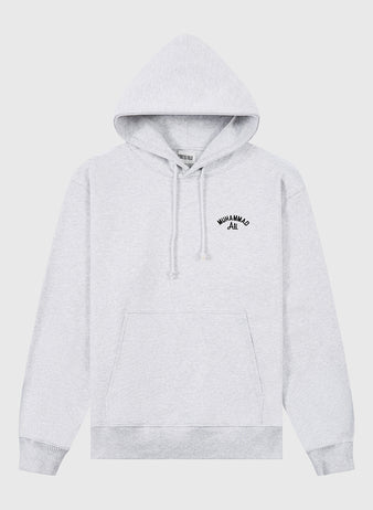 Light gray Muhammad Ali Chest Embroidered Heavyweight Cotton Terry Pullover Hoodie by Ebbets Field, with front pocket and drawstrings, featuring small black “MUHAMMAD ALI” text on the left chest—exclusive to our Thrilla in Manila collection.