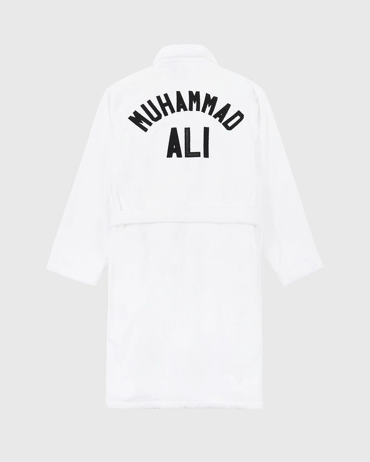 The Muhammad Ali Cotton Terry Boxing Robe by Ebbets Field is seen from the back, featuring bold black 
