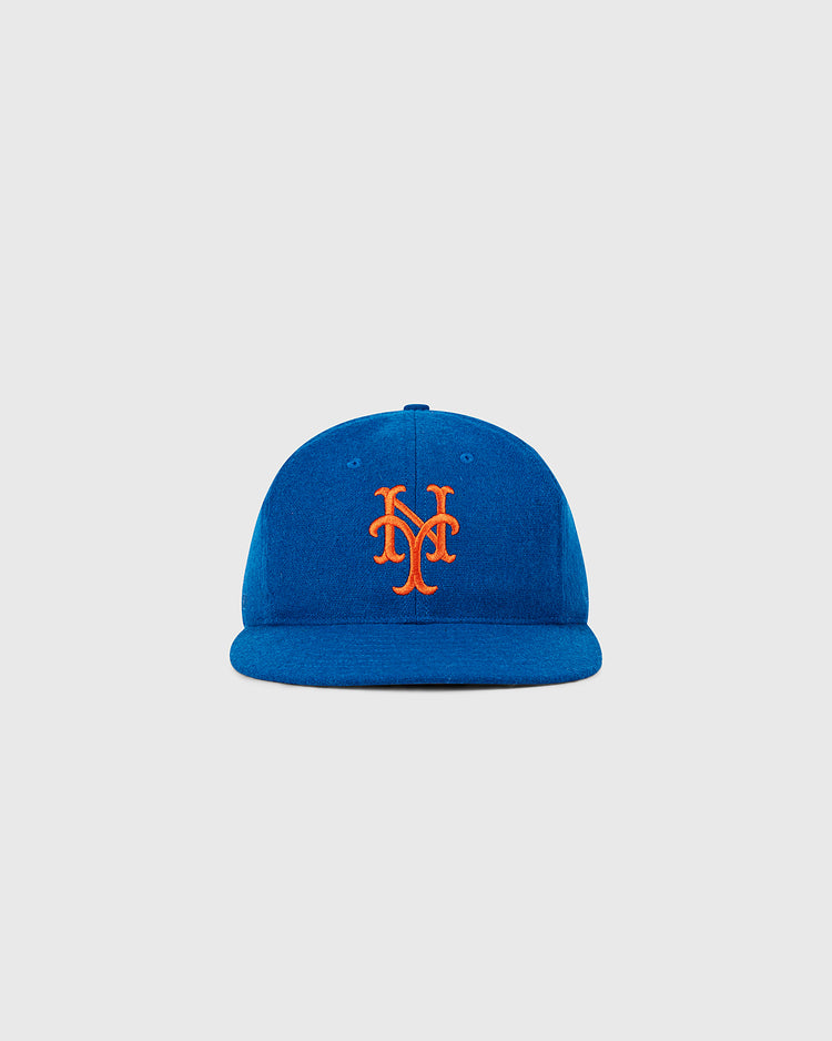 The Ebbets Field New York Mets 1962 MLB Authentic Wool Ballcap is blue with an orange NY logo, inspired by the original on-field cap and shown against a plain light gray background.
