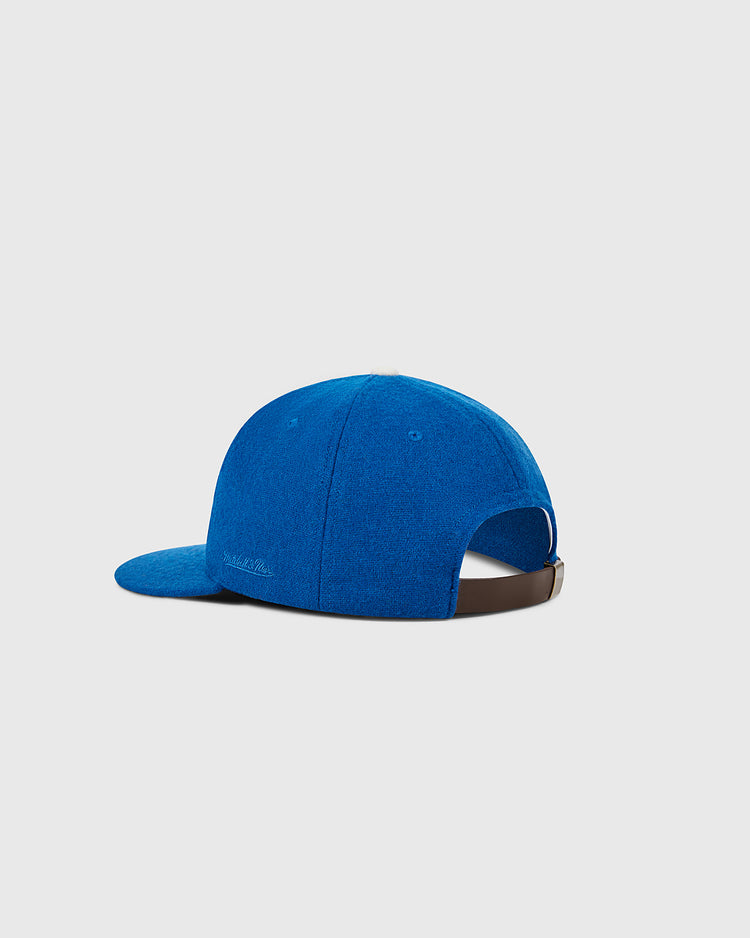 A Brooklyn Dodgers 1955 MLB Authentic Wool Ballcap by Ebbets Field is shown from the back with an adjustable dark strap and curved brim, set against a plain light gray background.