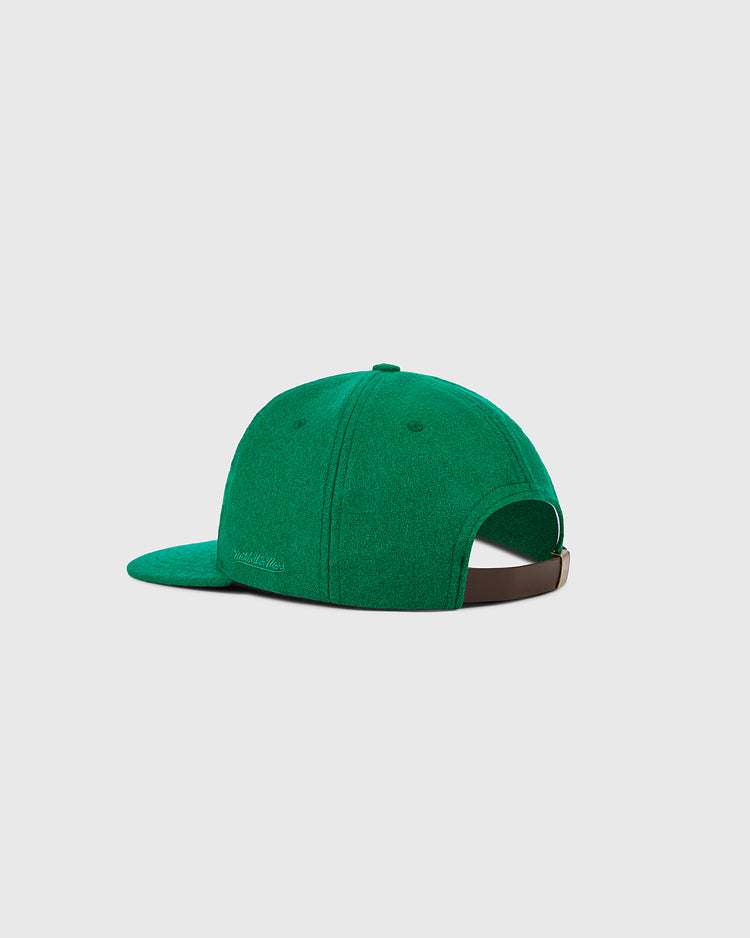 The Kansas City Athletics 1963 MLB Authentic Wool Ballcap by Ebbets Field is shown from the back, with a brown adjustable strap and curved brim, inspired by authentic on-field caps, against a plain light gray background.