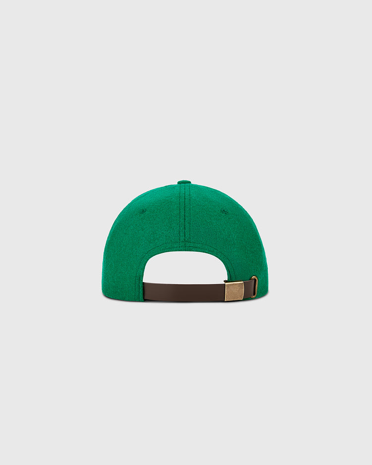 The Ebbets Field Kansas City Athletics 1963 MLB Authentic Wool Ballcap, shown from the back against a light gray background, has a green crown and brown adjustable strap with metal buckle. Part of the Decade of Change Collection.