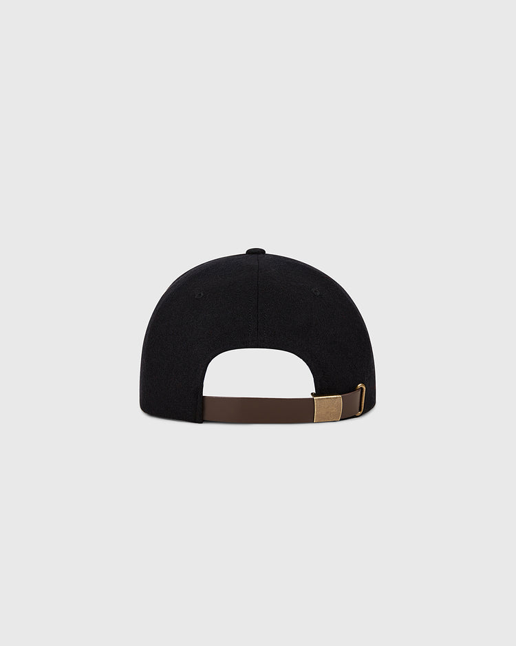 The Ebbets Field Chicago White Sox 1959 MLB Authentic Wool Ballcap in black is shown from the back, highlighting its brown adjustable strap with a gold buckle, set against a plain light gray background.