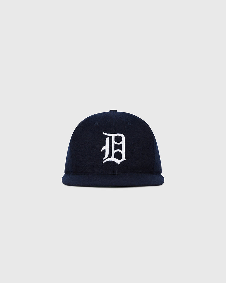 The Ebbets Field Detroit Tigers 1958 MLB Authentic Wool Ballcap is a navy retro cap with a flat brim and a large white Old English 