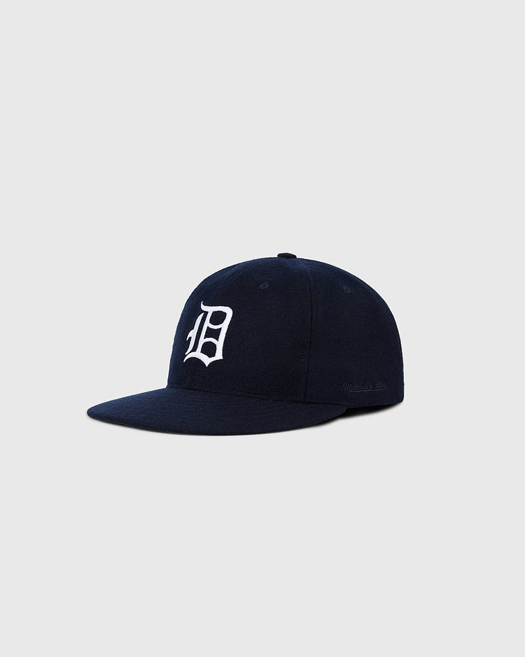 The Ebbets Field Detroit Tigers 1958 MLB Authentic Wool Ballcap features navy blue wool and a white stylized 