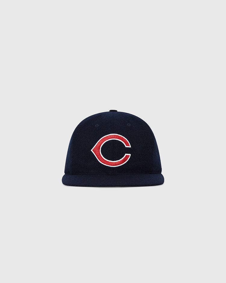 The Ebbets Field Cleveland Indians 1958-1961 MLB Authentic Wool Ballcap features a bold red and white embroidered C on navy blue, echoing classic style. Shown against a plain light gray background.