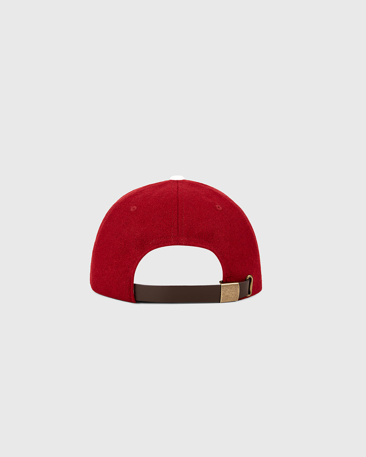 The Ebbets Field Philadelphia Phillies 1964 MLB Authentic Wool Ballcap is shown from the back, featuring a brown adjustable strap with brass buckle, part of the Decade of Change Collection, set against a light gray background.