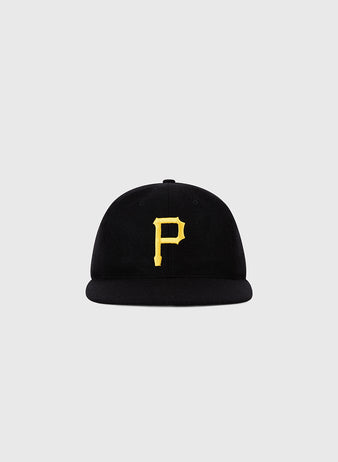 The Ebbets Field Pittsburgh Pirates 1960 MLB Authentic Wool Ballcap features a black design with a yellow letter P on the front, shown against a plain light gray background.