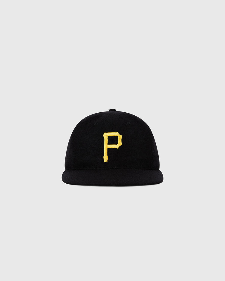 The Ebbets Field Pittsburgh Pirates 1960 MLB Authentic Wool Ballcap features a black design with a yellow letter P on the front, shown against a plain light gray background.