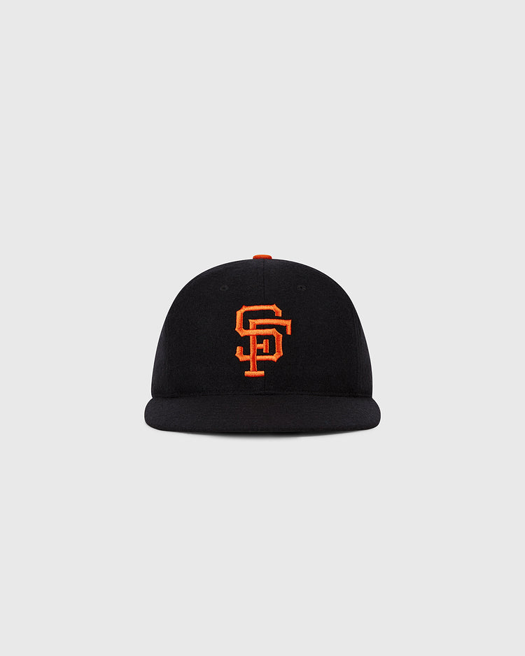 The Ebbets Field San Francisco Giants 1958 MLB Authentic Wool Ballcap, featuring a black crown and orange SF logo, is shown on a plain light gray background.