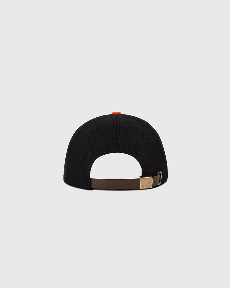 The Ebbets Field San Francisco Giants 1958 MLB Authentic Wool Ballcap is shown from the back with a brown adjustable strap and gold buckle, reflecting on-field style and inspired by the Decade of Change Collection. Background is light gray.