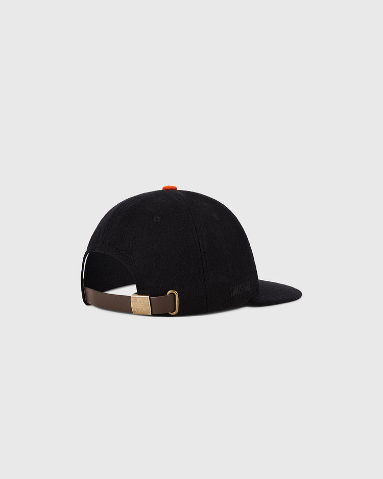 The Ebbets Field San Francisco Giants 1958 MLB Authentic Wool Ballcap, in black, is shown from the back with a brown adjustable strap, gold buckle, and red top button against a light gray background.