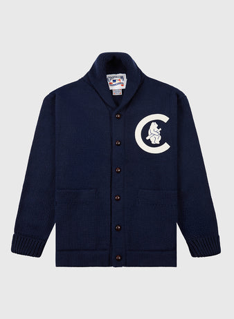 The EFF Chicago Cubs 1911 Wool Shawl Collar Sweater is a navy knit cardigan with dark buttons, front pockets, and a large white 