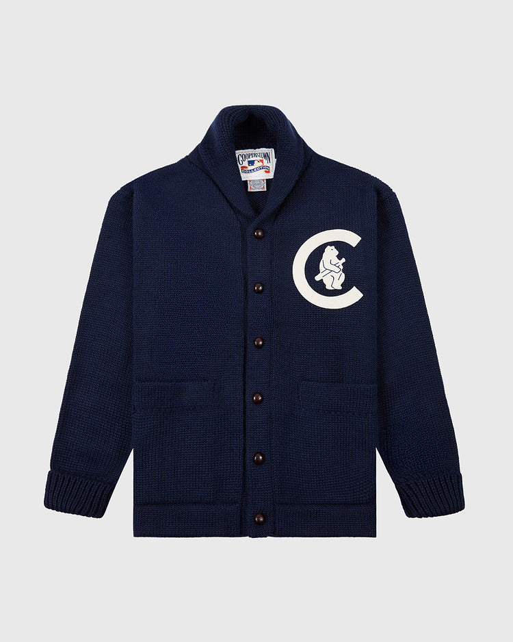 The EFF Chicago Cubs 1911 Wool Shawl Collar Sweater is a navy knit cardigan with dark buttons, front pockets, and a large white 