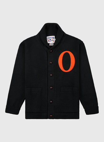 The EFF Baltimore Orioles 1901 Wool Shawl Collar Sweater is a black button-up with front pockets and a large orange 
