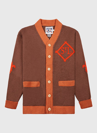 The EFF St. Louis Browns 1909 Wool Cardigan Sweater features a brown and orange vintage baseball design with tan buttons, orange trim and pockets, STL diamond chest patch, and fleur-de-lis accents inspired by the original 1909 style.