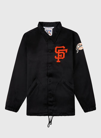 The EFF San Francisco Giants 1958 Satin Windbreaker Jacket features a black button-up design with an orange SF logo on the chest, Giants script on the sleeve, front pockets, and a drawstring hem—perfect for vintage team spirit.