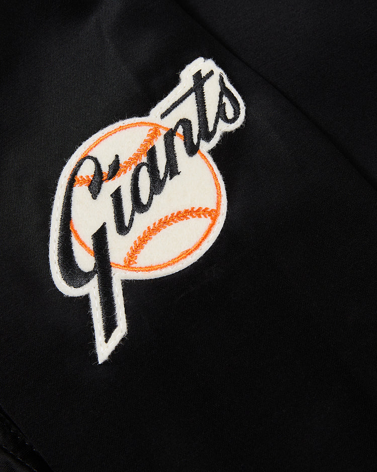 A black EFF San Francisco Giants 1958 Satin Windbreaker Jacket features an embroidered 