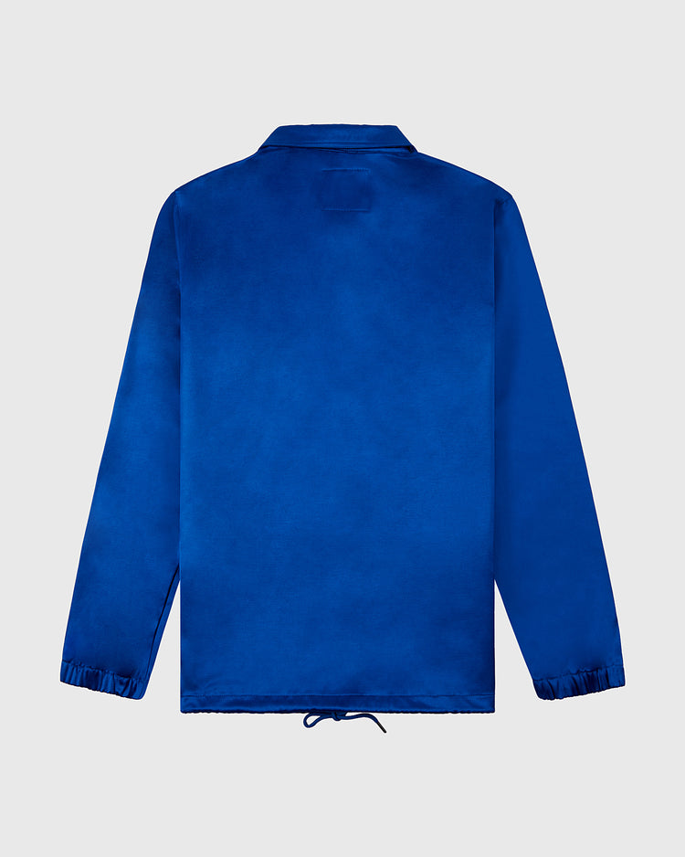 The EFF New York Mets 1969 Satin Windbreaker Jacket, shown from the back on a light gray background, features long sleeves, a bright blue vintage-inspired design, a collar, elastic cuffs, and a drawstring hem.