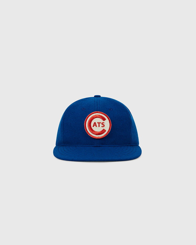 The EFF Fort Worth Cats 1959 Authentic Wool Ballcap is a blue cap featuring a red and white circular 