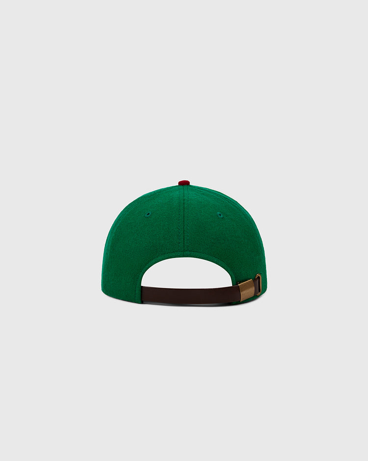 The EFF Oakland Oaks 1939 Authentic Wool Ballcap is shown from the back, with a brown adjustable strap, brass buckle, and subtle team details against a plain light gray background.