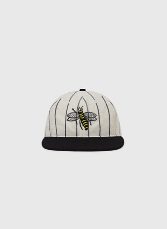 The EFF Chicago Cats 1976 Authentic Wool Ballcap features a cream base with black pinstripes, a black brim, and an embroidered yellow and black bee inspired by the original team logo.