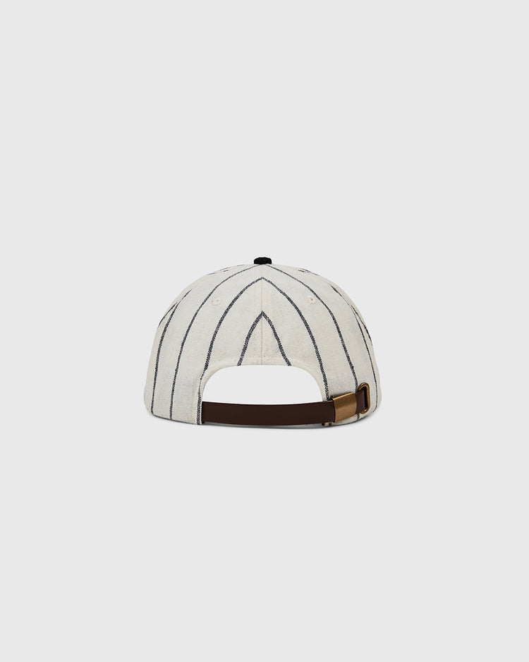 The EFF Chicago Cats 1976 Authentic Wool Ballcap features white wool with black pinstripes, a brown adjustable strap, and brass buckle—ideal for vintage soccer fans and those who love classic team style.