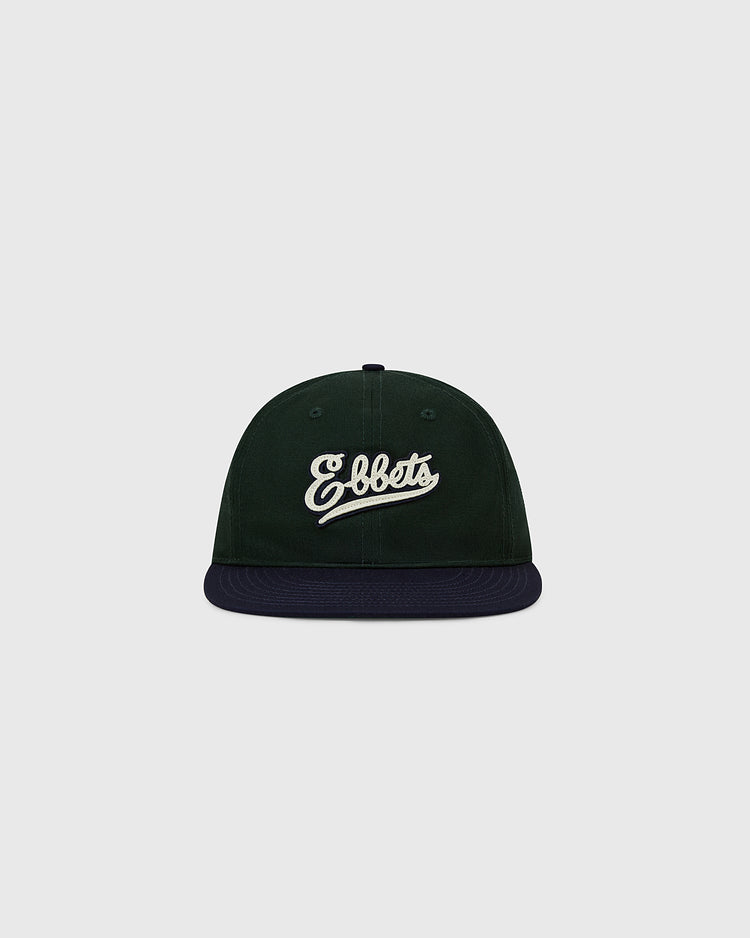 The Ebbets Field Flannels Ebbets Felt Script Cotton Twill Ballcap features dark green twill, a black brim, and white 