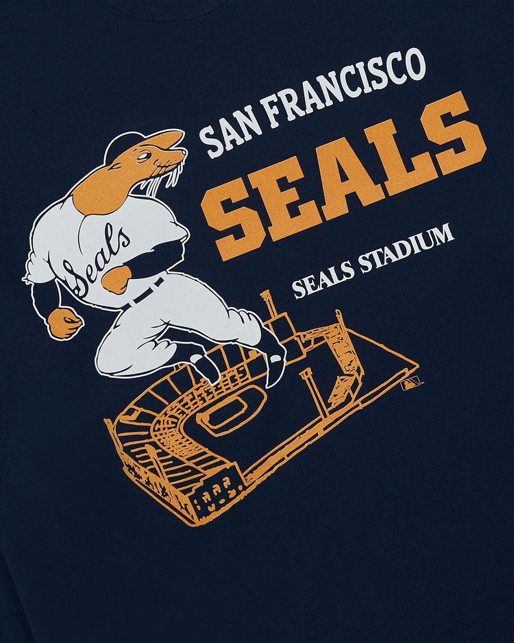 Ebbets Field San Francisco Seals (PCL) Long Sleeve Graphic Tee featuring an anthropomorphic seal in a baseball uniform, “San Francisco Seals” and “Seals Stadium” text, plus a Pacific Coast League-inspired stadium graphic.