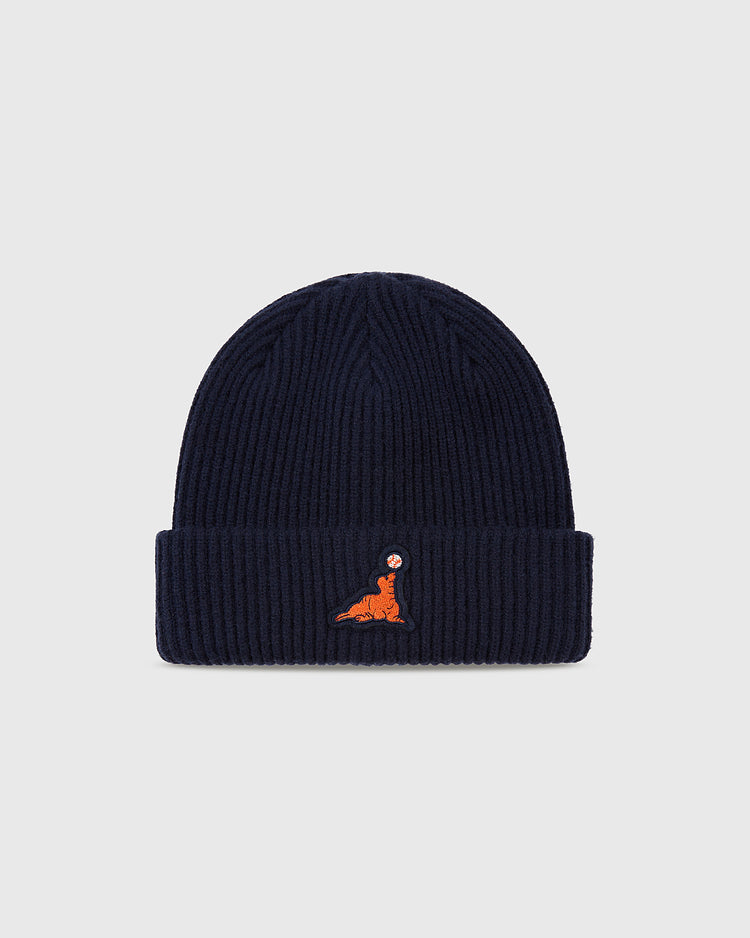 The Ebbets Field San Francisco Seals Patch Logo Ribbed Beanie features a navy ribbed knit, folded brim, and classic front patch—channeling vintage Pacific Coast League style.