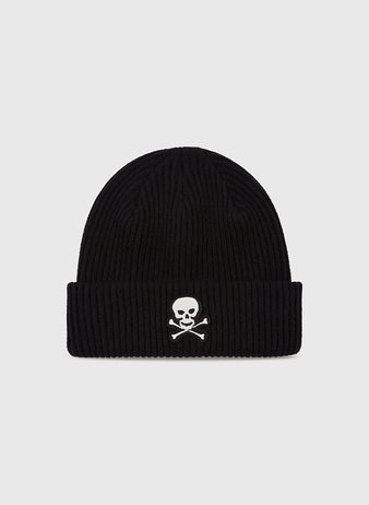 The Ebbets Field Sioux City Ghosts Embroidered Felt Ribbed Beanie is a black acrylic hat with a ribbed knit, folded brim, and white skull and crossbones embroidery on the front, honoring the legendary Sioux City Ghosts.