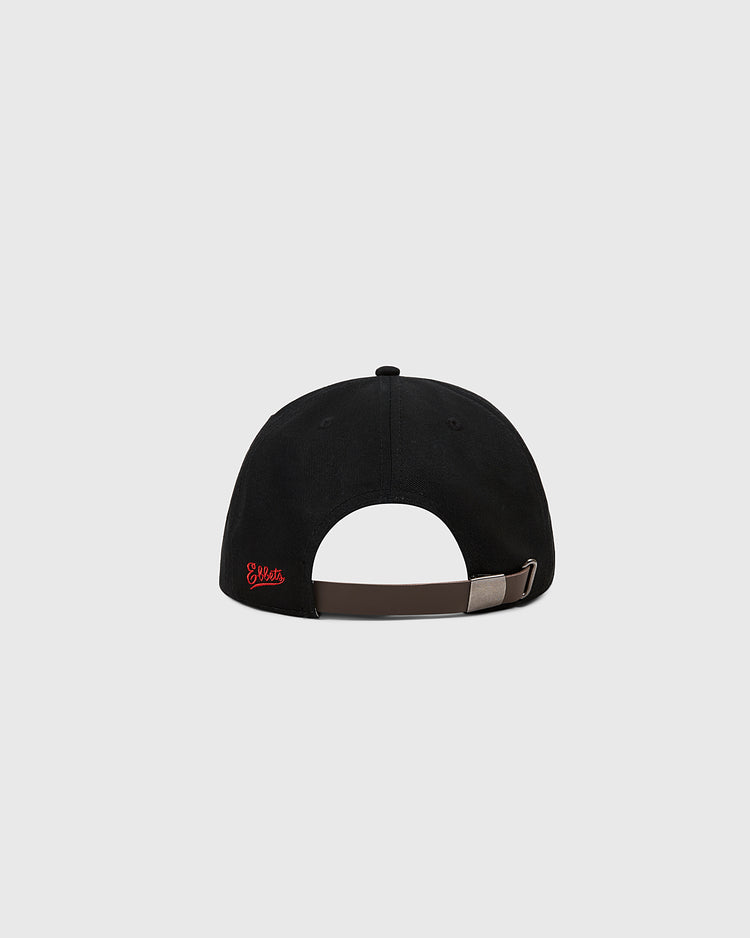 The Ebbets Field Birmingham Black Barons 1951 Cotton Twill Ballcap is shown from the back, with an adjustable brown strap and small red embroidered logo on the lower left, set against a plain light gray background.
