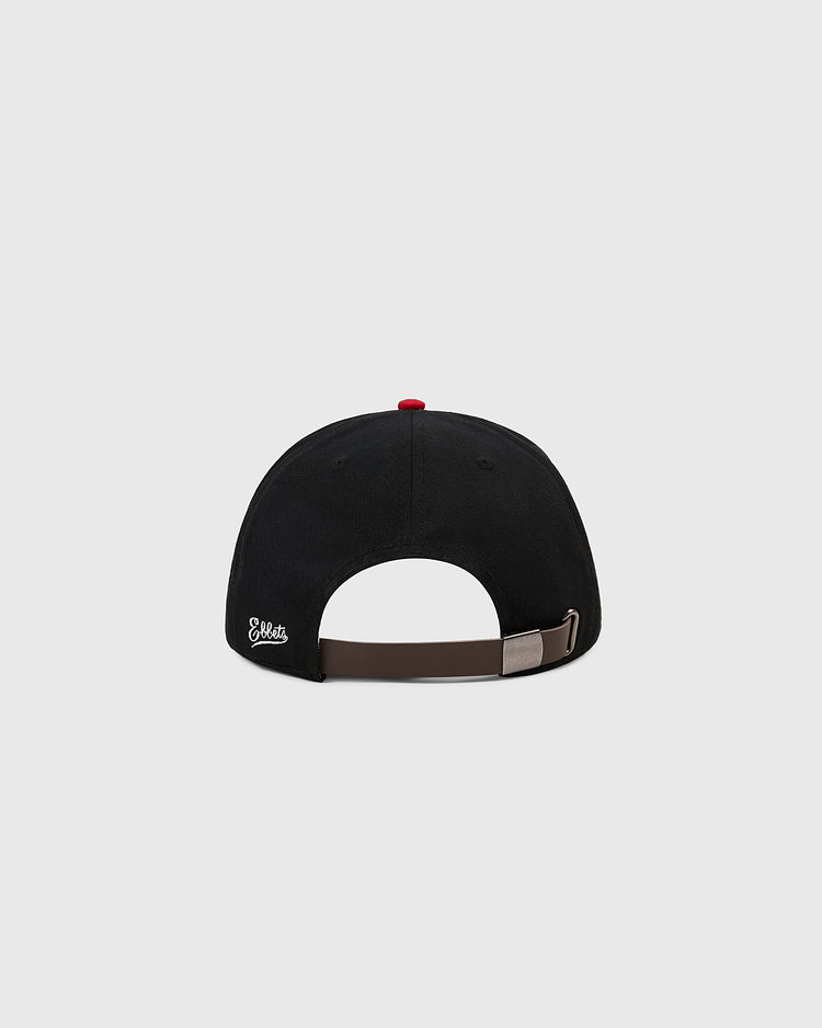 The Ebbets Field Birmingham Black Barons 1948 Cotton Twill Ballcap is shown from the back, featuring a brown adjustable strap and a small white embroidered logo on the left, set against a plain light gray background.
