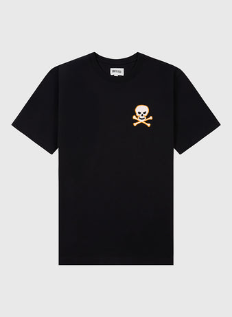 The Sioux City Ghosts Embroidered Logo Short Sleeve Tee Shirt by Ebbets Field features a white skull and crossbones logo on black, inspired by vintage tees—perfect for fast-pitch softball fans. Shown against a light gray background.