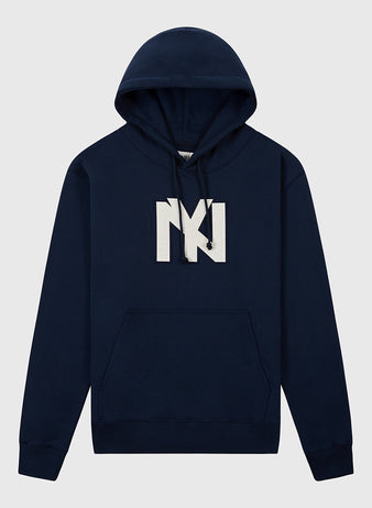 The Ebbets Field Brooklyn Eagles Heavyweight Cotton Terry Pullover Hoodie features a navy blue design with a bold white geometric NY logo, front kangaroo pocket, and drawstrings, inspired by the Brooklyn Eagles, shown on a plain light background.