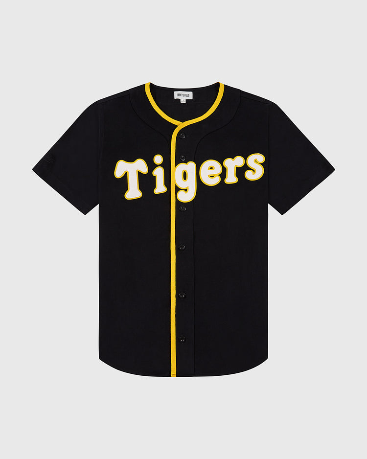 The Ebbets Field Osaka Tigers Cotton Twill Baseball Jersey features short sleeves, black cotton twill, yellow center piping, and 