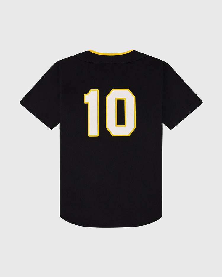 The Ebbets Field Osaka Tigers Cotton Twill Baseball Jersey is a black short-sleeve jersey with a yellow collar and bold yellow and white number 10 on the back, inspired by the classic Osaka Tigers design.