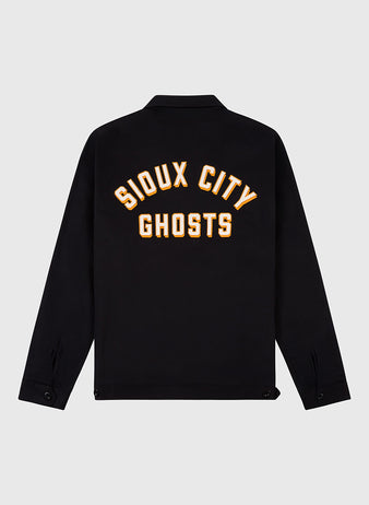 The Ebbets Field Sioux City Ghosts Cotton Grounds Crew Jacket features bold, yellow-outlined 