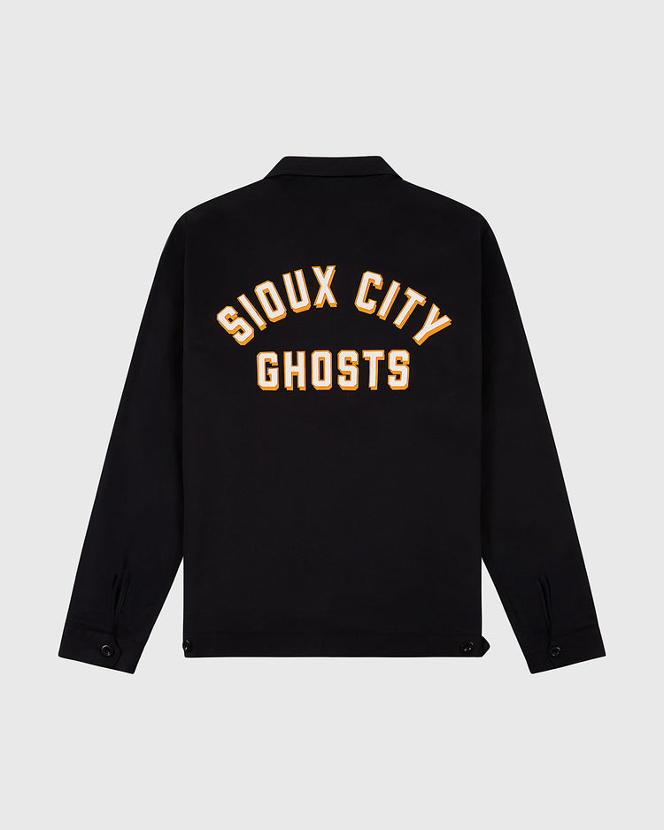 The Ebbets Field Sioux City Ghosts Cotton Grounds Crew Jacket features bold, yellow-outlined 