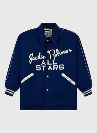 The EFF Jackie Robinson All Stars 1953 Authentic Jacket is a blue wool throwback with white-striped cuffs and collar, Jackie Robinson All-Stars in white script across the front, button-up closure, and two white-trimmed pockets, inspired by the Brooklyn Dodgers.