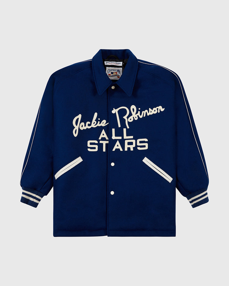 The EFF Jackie Robinson All Stars 1953 Authentic Jacket is a blue wool throwback with white-striped cuffs and collar, Jackie Robinson All-Stars in white script across the front, button-up closure, and two white-trimmed pockets, inspired by the Brooklyn Dodgers.