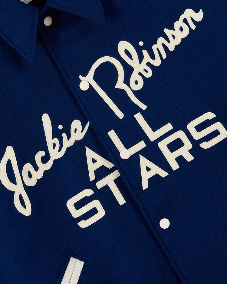 Close-up of the EFF Jackie Robinson All Stars 1953 Authentic Jacket, a throwback wool design with white buttons and striking 