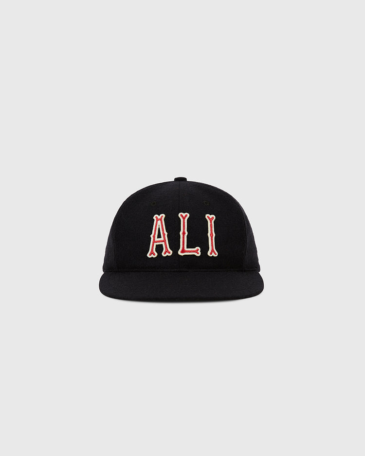 The Muhammad Ali Vintage Inspired Wool Ballcap by Ebbets Field is a black wool baseball cap with 