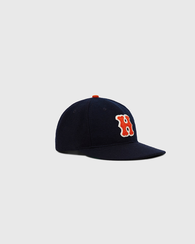 The Ebbets Field Hiroshima Carp 1958 Authentic Wool Ballcap features navy wool and a red-and-white 